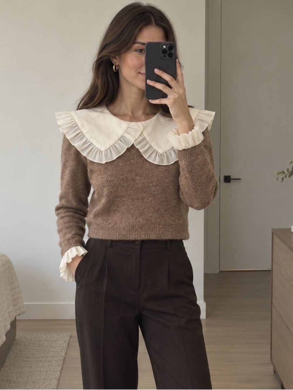Zara Taupe Peter Pan Ruffle Collar Knit Sweater Long Sleeve XS